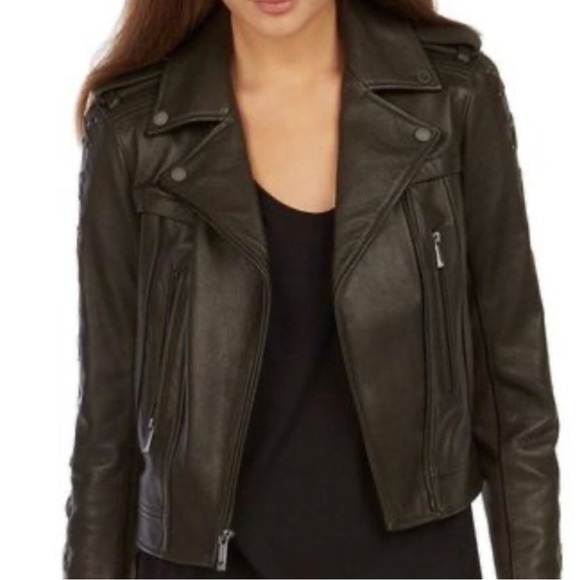 BCBG MaxAzria Genuine Leather Olive Coat with Lace Up XXS - Picture 11 of 16